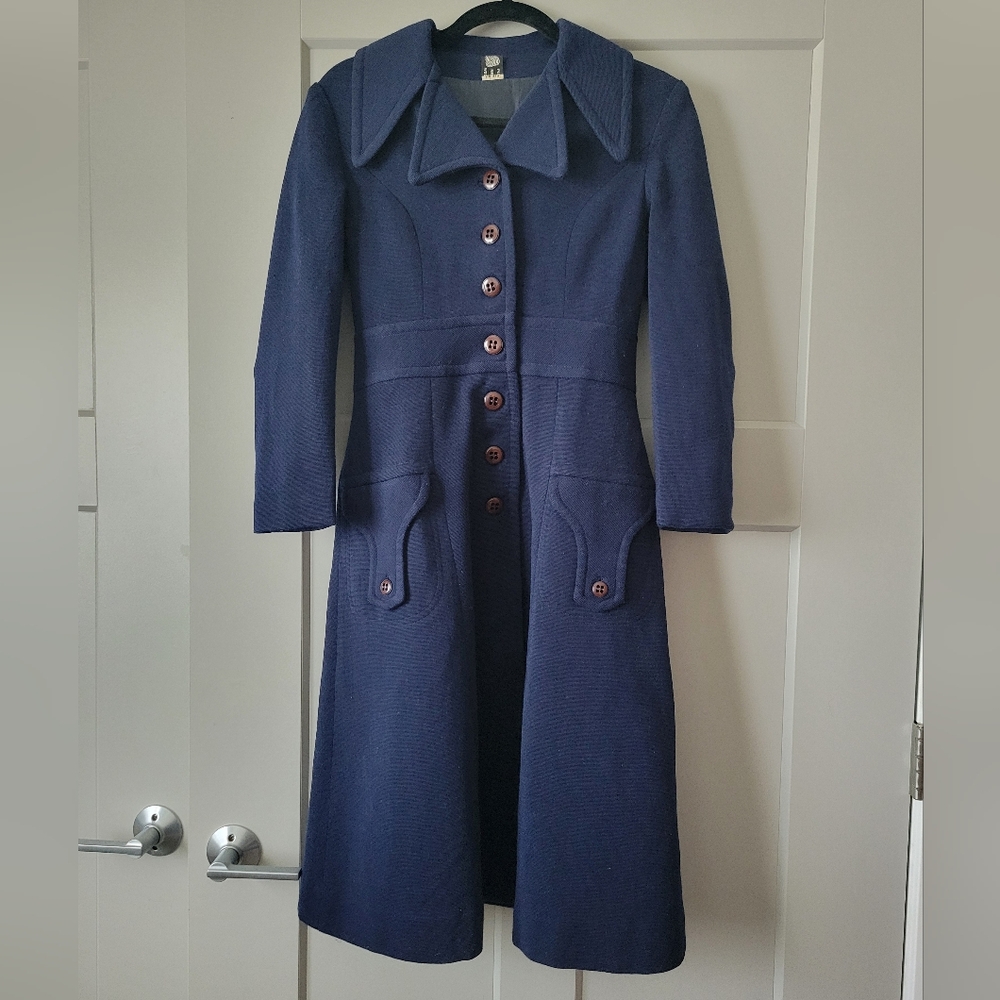 Vintage Navy Princess Coat with Wooden Button Details & Pointed Peter Pan Collar